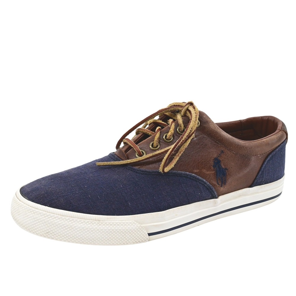 Polo Ralph Lauren Vaughn Saddle Mens 11D Navy Blue Linen Brown Leather Sneakers